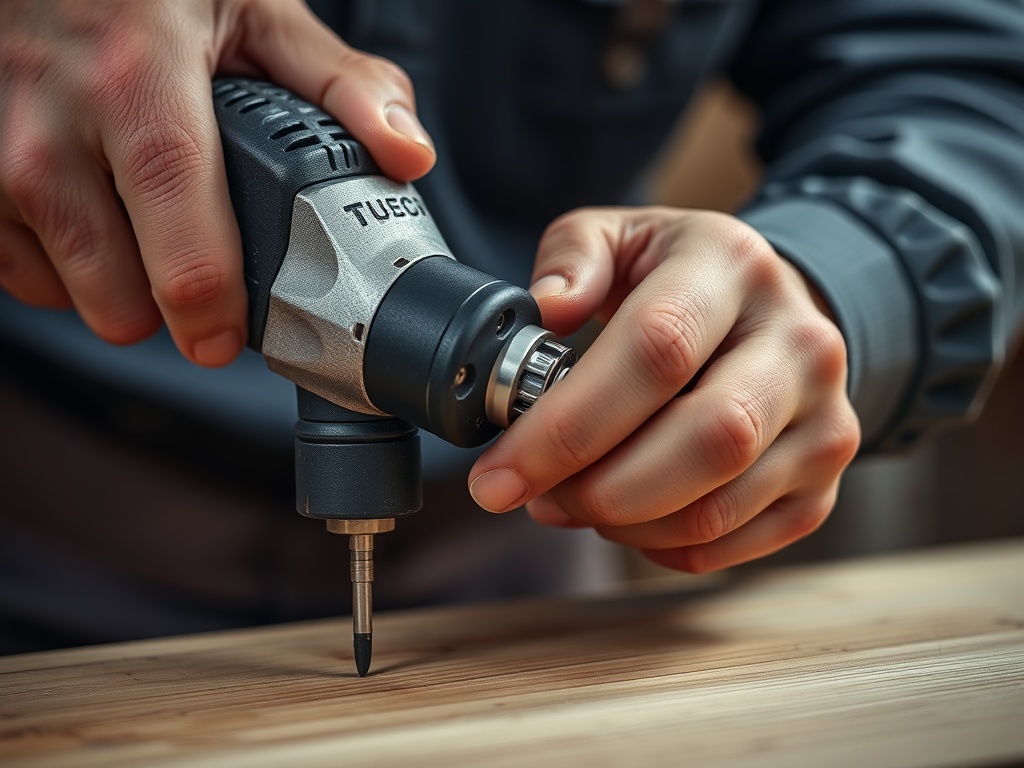 목공 작업자가 신중하게 전동 드릴의 클러치 단수를 조절하는 모습
