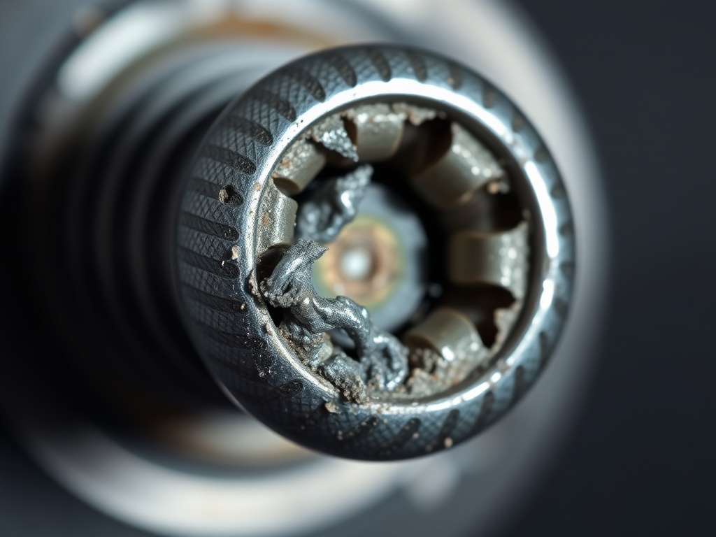 과도한 토크로 인해 나사 머리가 심하게 마모되어 헛도는 모습